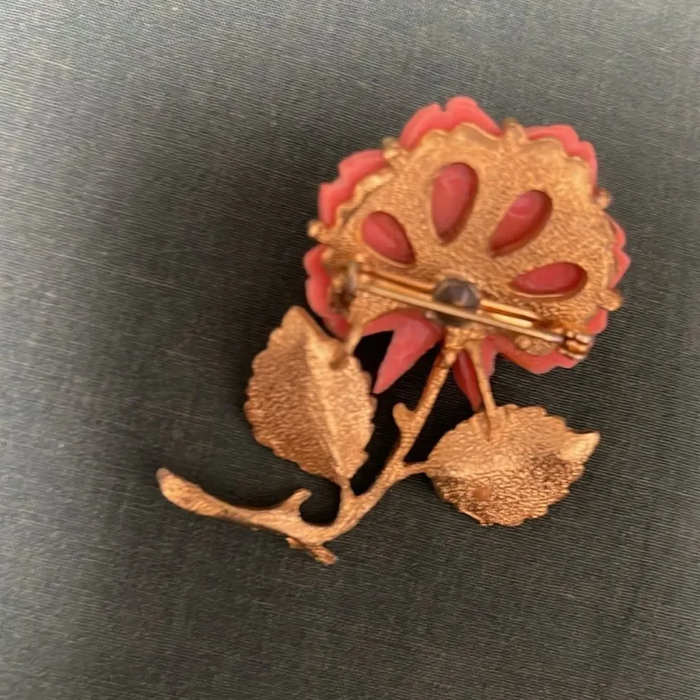 Pink Rose Brooch with Gold Leaves